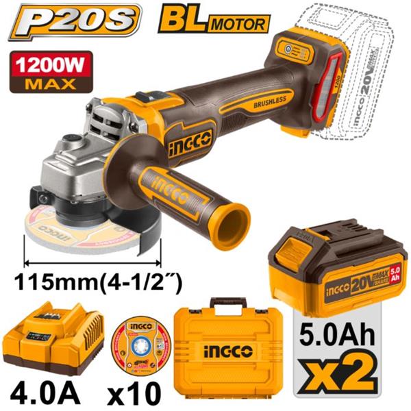AMOLADORA ANGULAR 20V 1200W 115MM 2 BAT 5.0 Ah + CARGADOR ING-CO &iexcl;OFERTA&iexcl;
