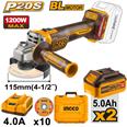 AMOLADORA ANGULAR 20V 1200W 115MM 2 BAT 5.0 Ah + CARGADOR ING-CO &iexcl;OFERTA&iexcl;
